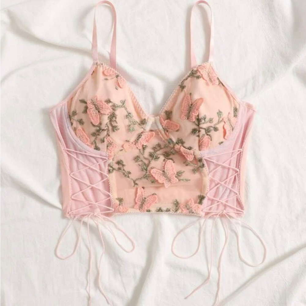 Elegant Pink Embroidered Lace-Up Top